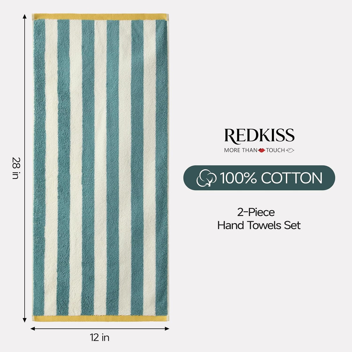 REDKISS Striped Hand Towels for Bathroom, Kitchen Decor, Guest Use, Kids & Adults, 100% Cotton, 12” x 28”, 2 Pack, Green