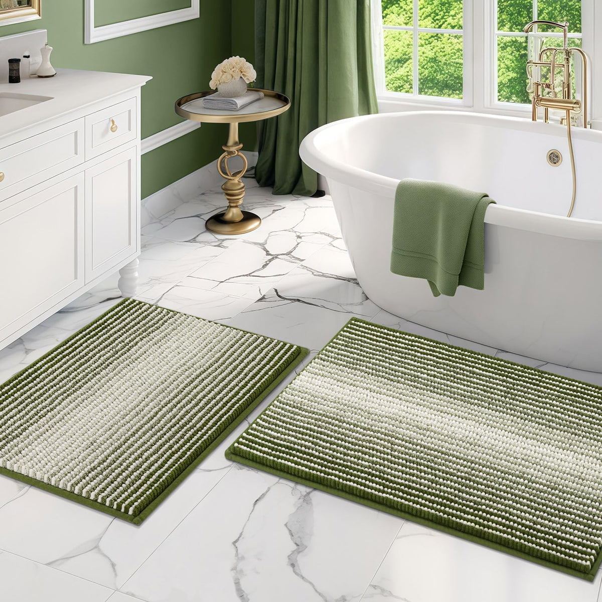 BSICPRO Bathroom Rugs Sets 2 Piece, Non Slip Striped Bath Mats, Aqua Green