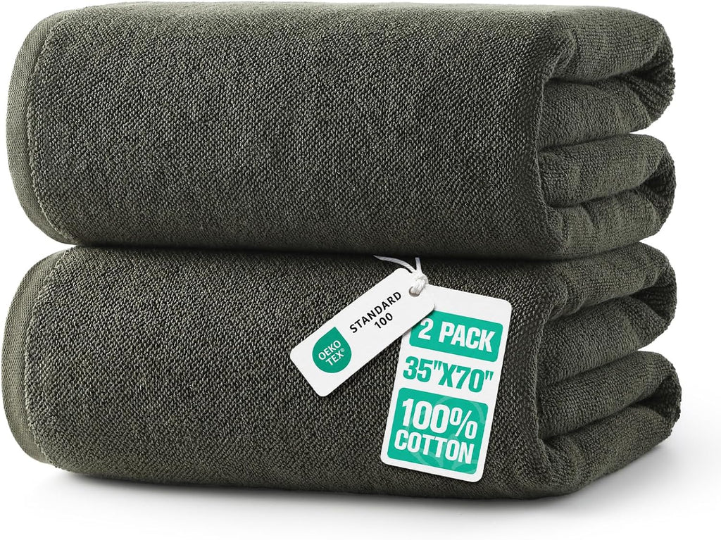 REDKISS 2 Pack 100% Cotton Large Bath Towels 35 x 70 Inches, Olive Green