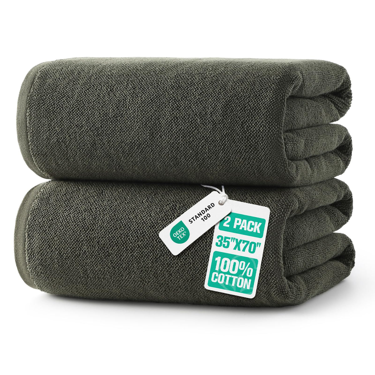 REDKISS 2 Pack 100% Cotton Large Bath Towels 35 x 70 Inches, Olive Green