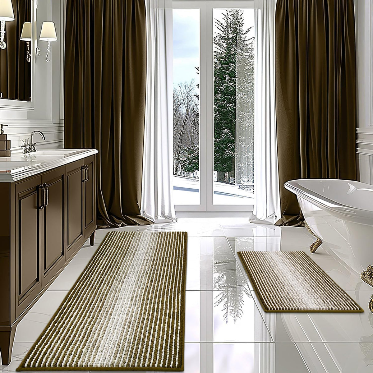 BSICPRO Bathroom Rugs Sets 2 Piece, Non Slip Boho Bath Mats, Beige