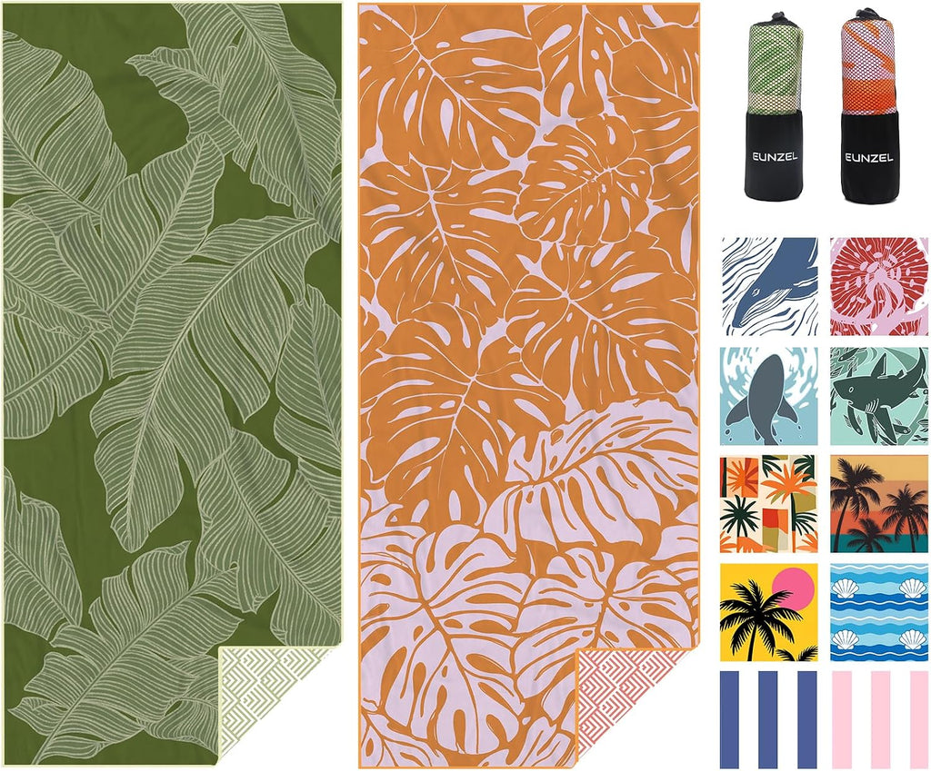 Eunzel 2 Pack Microfiber Beach Towel, Quick Dry Travel Towel Large Sand Free Towel for Beach, Camping, Swim Pool, Gym, Sports& Yoga 71"x32", Palm