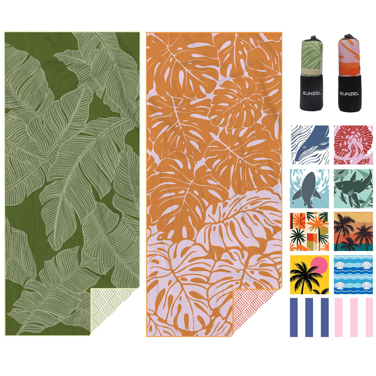 Eunzel 2 Pack Microfiber Beach Towel, Quick Dry Travel Towel Large Sand Free Towel for Beach, Camping, Swim Pool, Gym, Sports& Yoga 71"x32", Palm