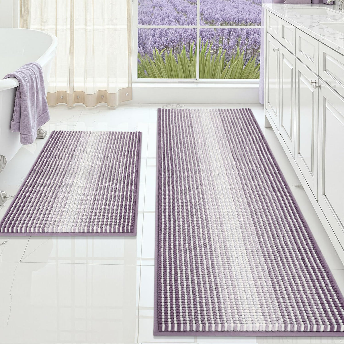 BSICPRO Bathroom Rugs Sets 2 Piece, Non Slip Striped Bath Mats, Aqua Green