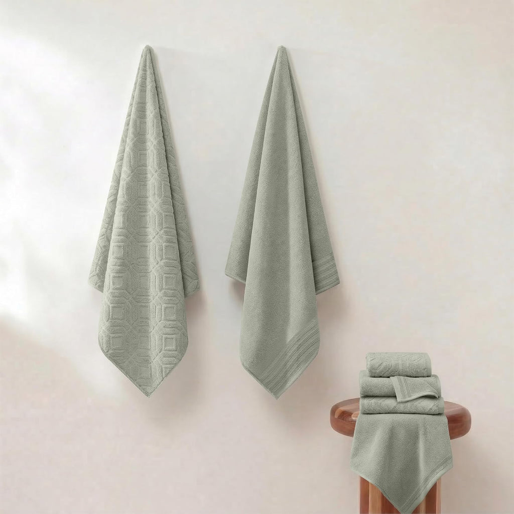 Modern Threads 6 Piece Bath Towel Set – Bathroom Towel Set with 2 Bath Towels, 2 Hand Towels & 2 Washcloths – 100% Cotton, Soft & Absorbent – Geometric (Soft Olive)