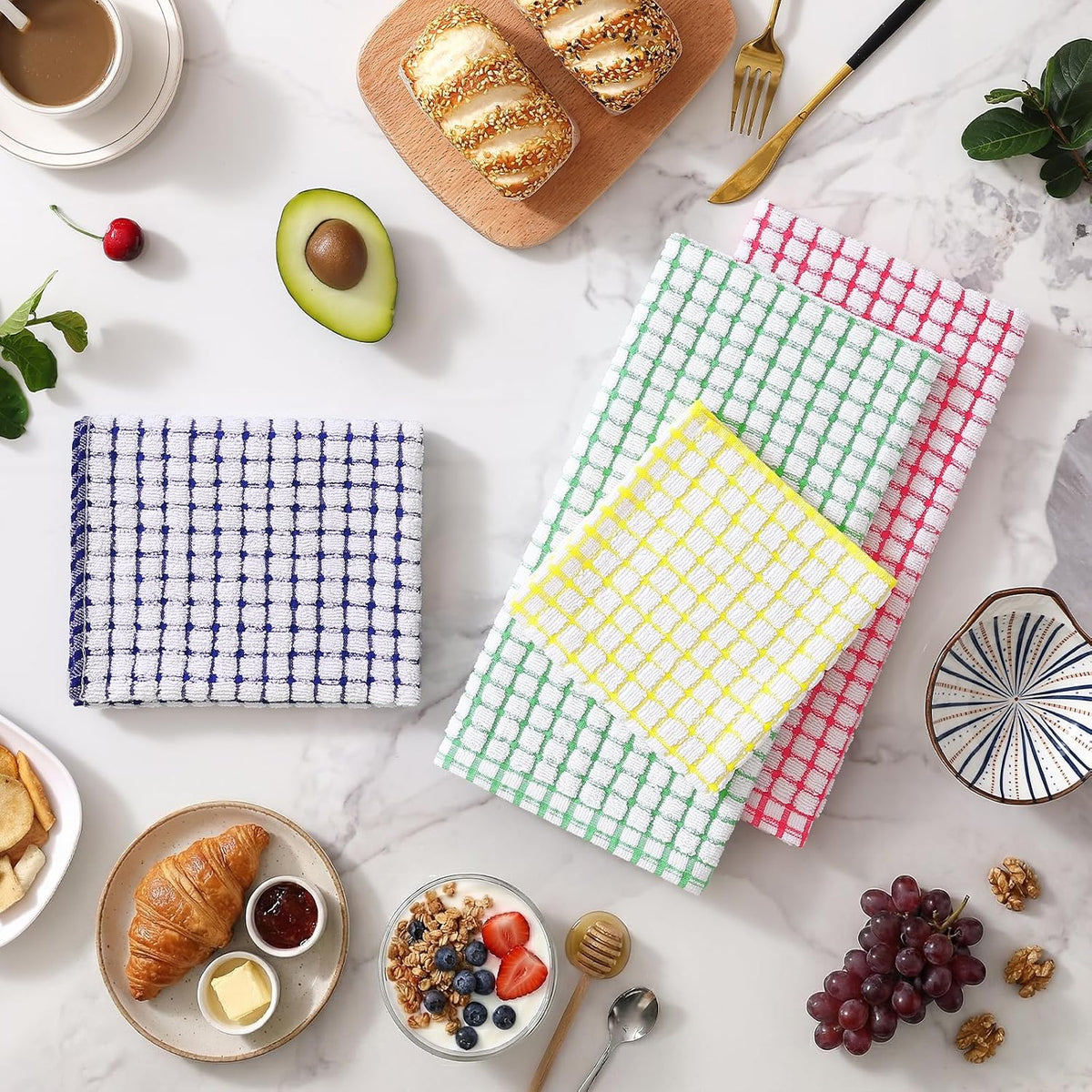 Homaxy Kitchen Towels and Dishcloths Set, Set of 8, Blue/Yellow/Red/Green