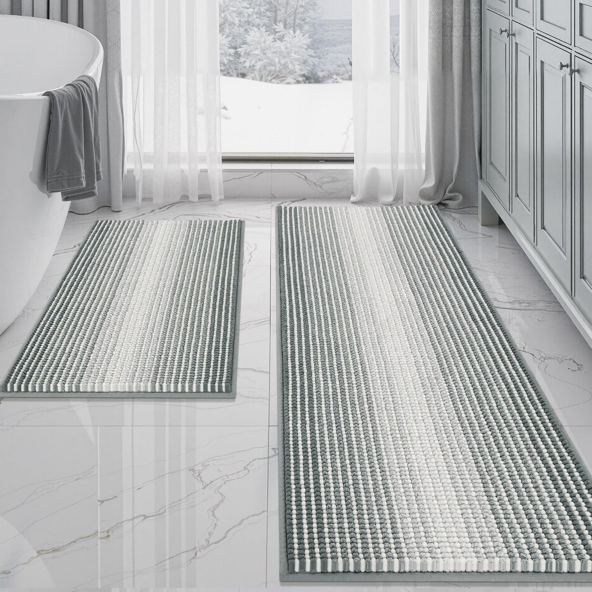 BSICPRO Bathroom Rugs Sets 2 Piece, Non Slip Striped Bath Mats, Aqua Green