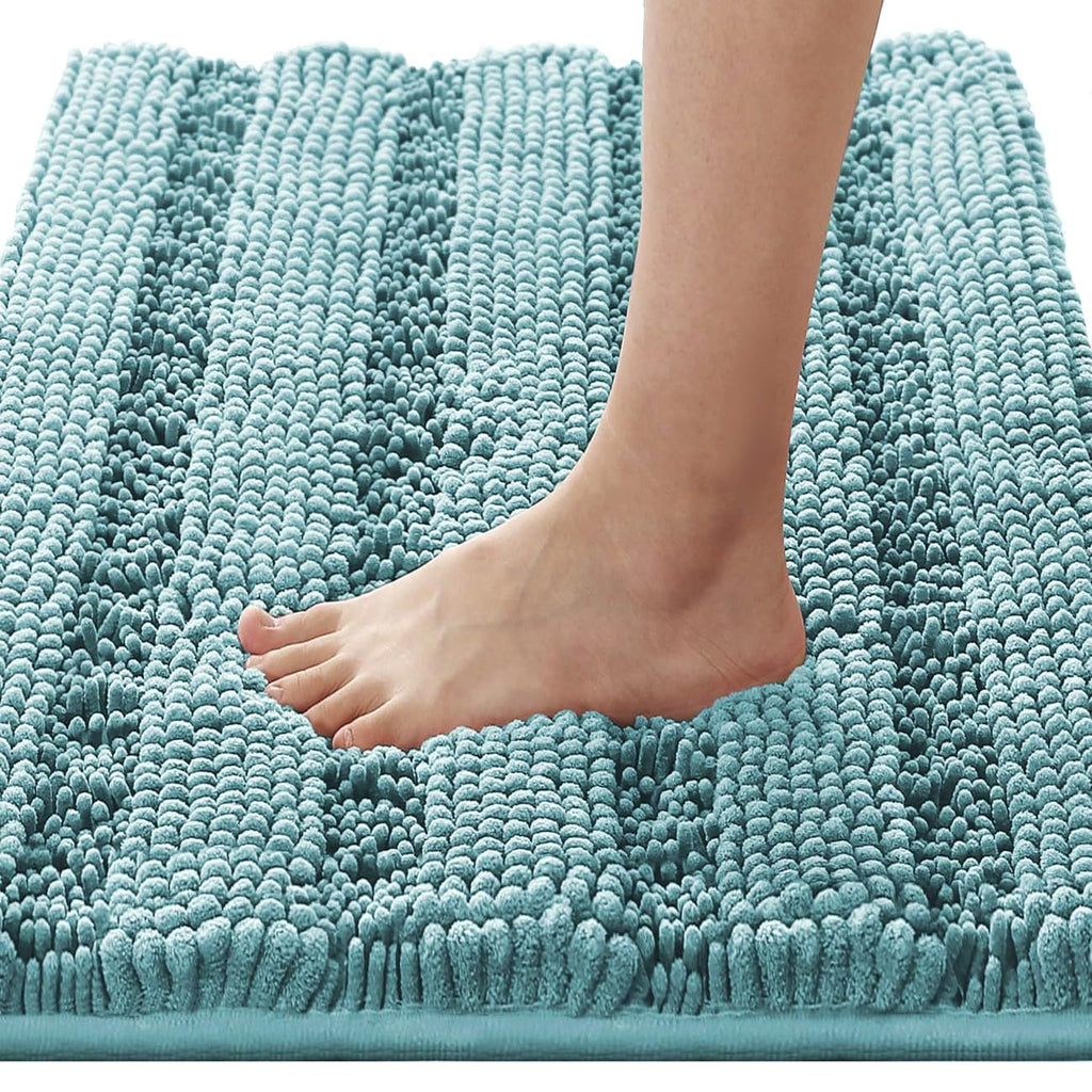 H.VERSAILTEX Sage Bathroom Rugs, Bath Mat Set of 2 Extra Thick Chenille Striped Pattern Shaggy Bath Rugs for Bath Room, Non Skid Bath Mats for Bathroom Floor (32 x 20 Plus 24 x 17 - Inches)