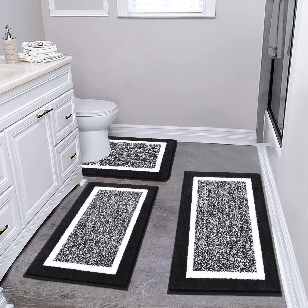 Pauwer Bathroom Rug Sets 3 Piece, Non Slip Washable Bath Mat, Black