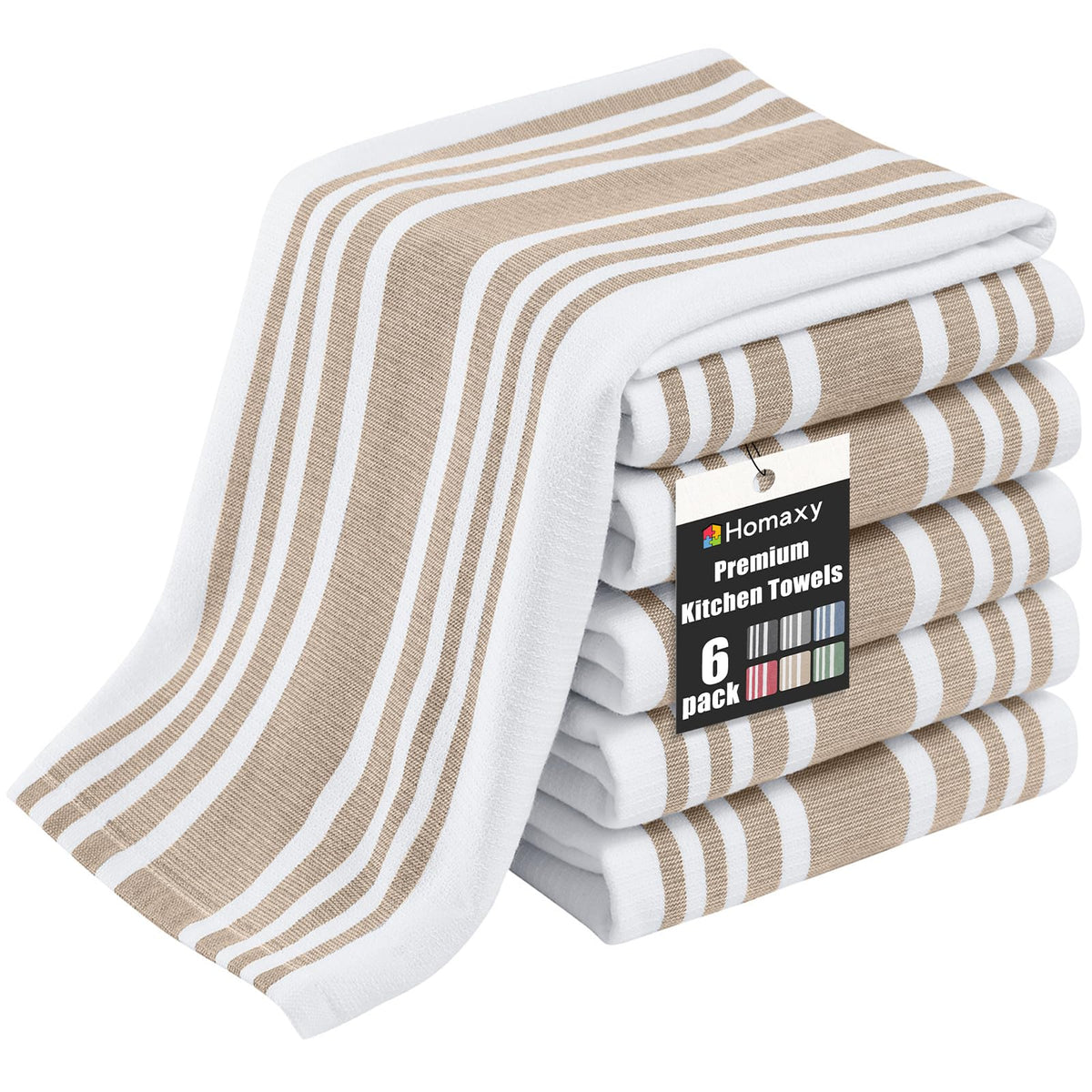Homaxy 380 GSM Cotton Premium Kitchen Towels 6 Pack, 18"x 28", Khaki