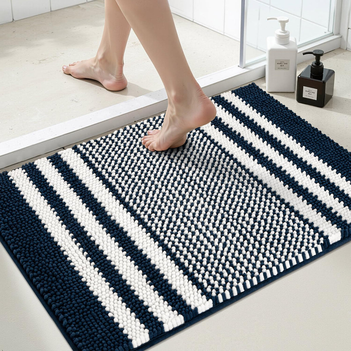 BSICPRO Bathroom Rugs Sets 2 Piece, Non Slip Striped Bath Mats, Aqua Green