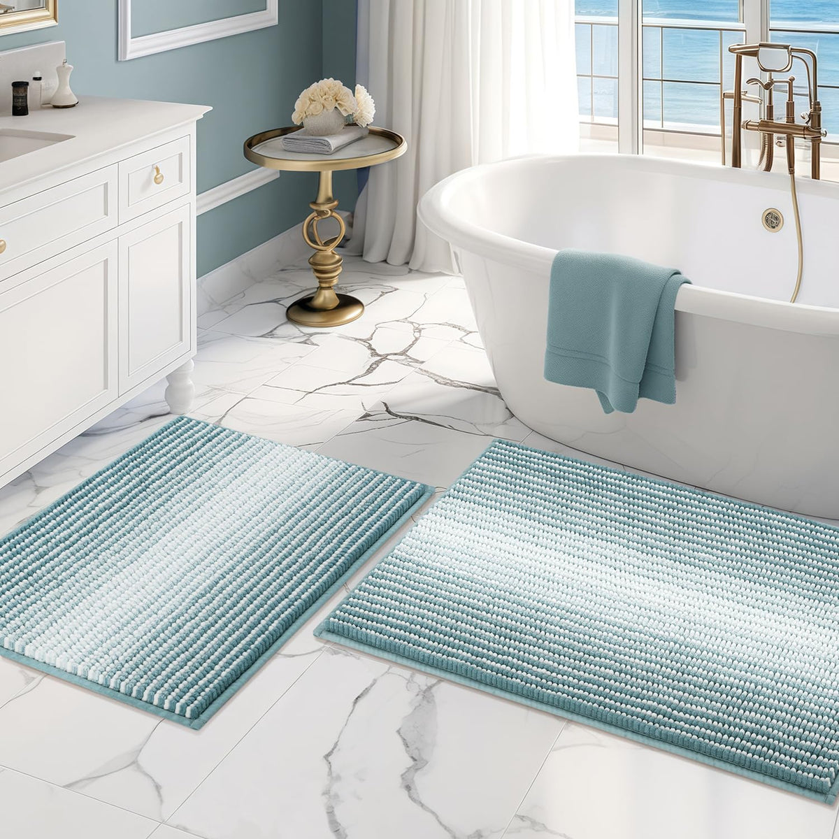 BSICPRO Bathroom Rugs Sets 2 Piece, Non Slip Striped Bath Mats, Aqua Green