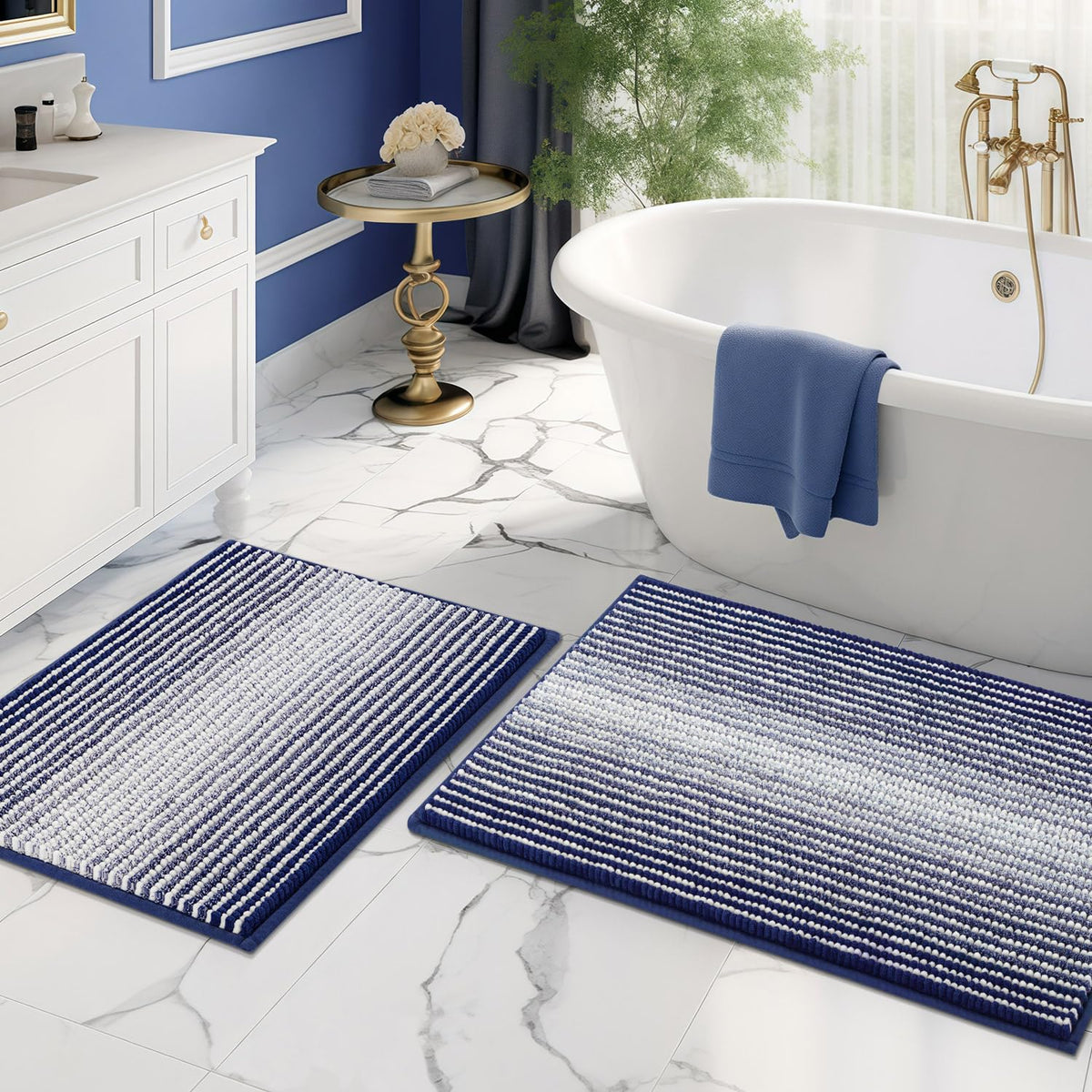 BSICPRO Bathroom Rugs Sets 2 Piece, Non Slip Striped Bath Mats, Aqua Green