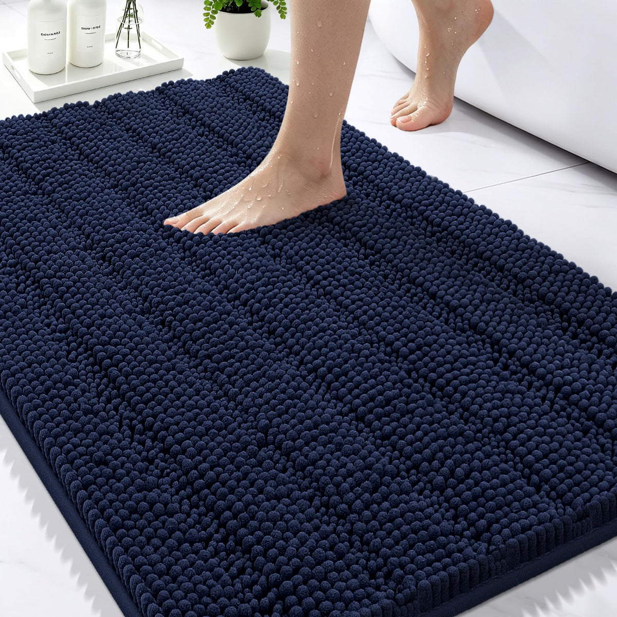 Bcoimo Small Bath Rug Mat,24x17 Chenille Non Slip Black Bathroom Floor Mats