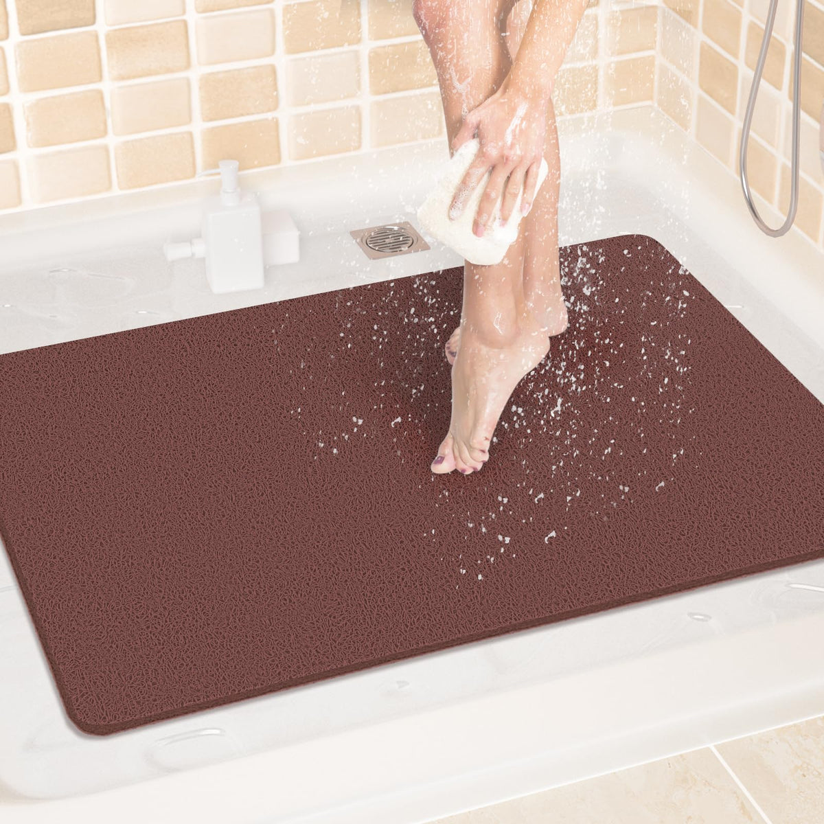 LuxStep Shower Mat Bathtub Mat,24x16 inch, Non-Slip Bath Mat with Drain, Quick Drying PVC Loofah Bathmat for Tub,Shower,Bathroom (Phthalate Free,Grey)
