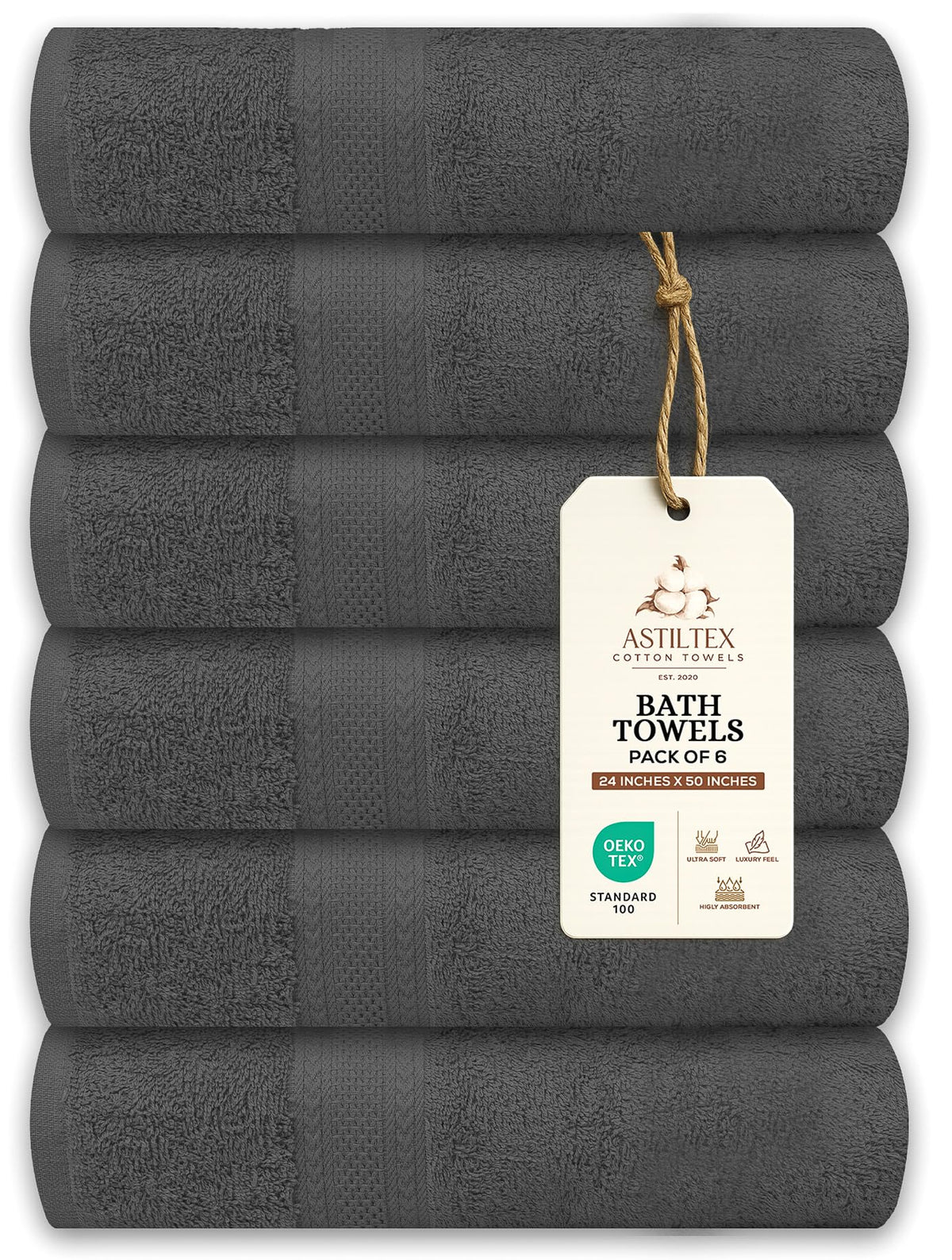 Bath Towels Pack of 6 – 24" x 48" – 100% Cotton Terry, Soft, Quick-Dry & Highly Absorbent – Black Towels for Bathroom, Spa, Gym, Hotel, Pool & Everyday Use