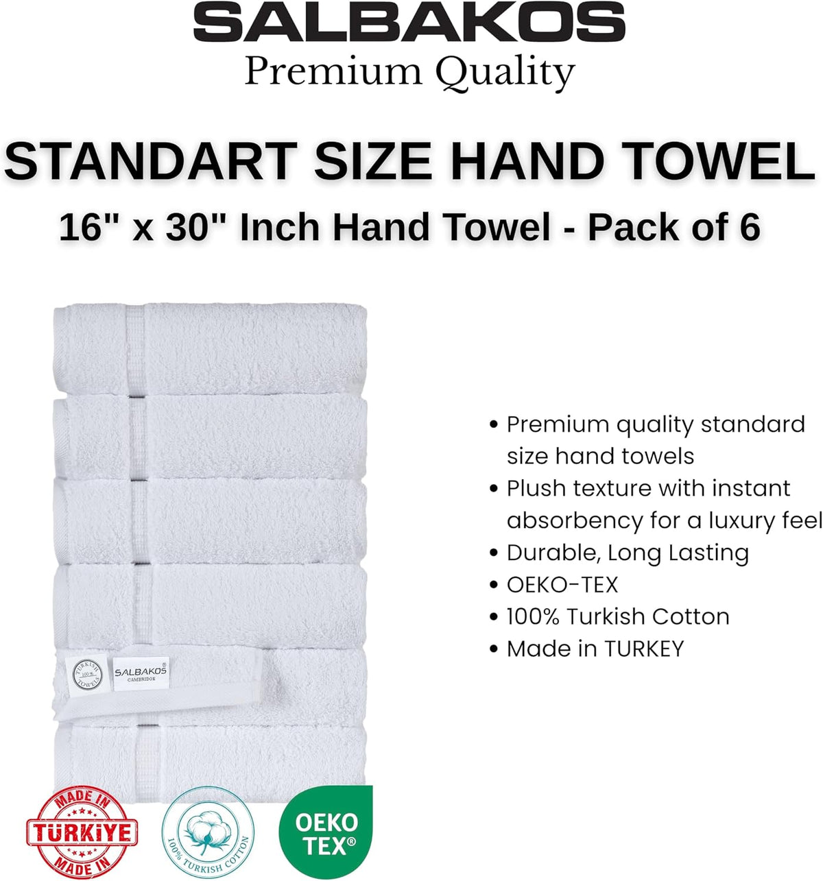 SALBAKOS 6-Piece 100% Turkish Cotton Hand Towels, 16x30 inch, White