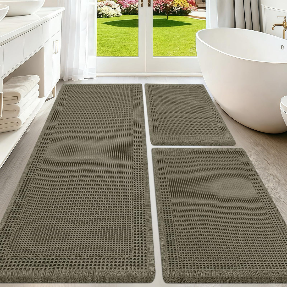 Upgraded Waffle Bath Mat Set 3 Piece Black-Looped, Super Absorbent Non-Slip Quick Dry Bathroom Rugs with Tassels, Machine Washable Ultra Soft Boho Bath Rugs for Floor, Toilet Mats Boho Farmhouse Decor