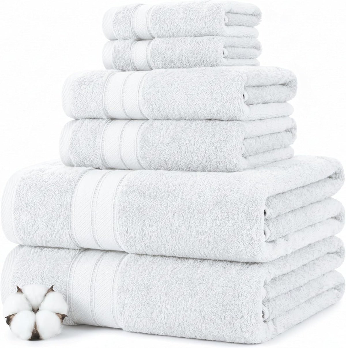 Modern Threads Spun Loft 6 Piece Bath Towel Set – 2 Bath Towels, 2 Hand Towels & 2 Washcloths – 100% Cotton, 600 GSM, Plush, Soft & Absorbent (White)