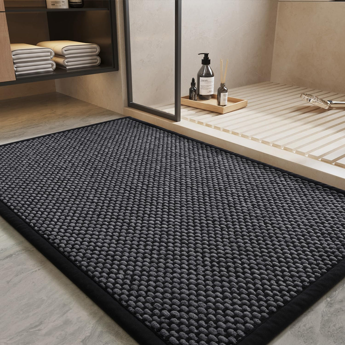 PADOOR-Bath Mat-Super Absorbent Chenille Bathroom Mats-Rubber Backed Bath Mats for Bathroom Non Slip, Easy Clean Bathroom Rugs Front of Bathtub,Shower Room,Sink-17×28, Beige&Cream