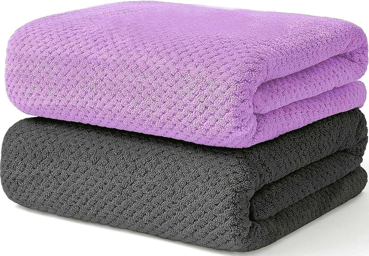 2 Pack Bath Towel Set, Waffle Bath Towel Set, Super Soft Highly Absorbent, Sturdy Quick Drying Towels for Bathroom, Gym, SPA, Yoga (2 Piece 27" x 55", 1Grey+1Purple)