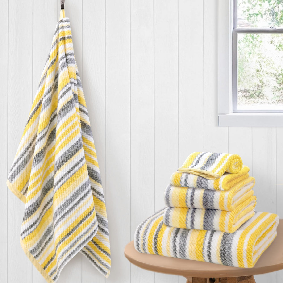 VOOVA & MOVAS Yellow Bathroom Towels 3 Pack, 100% Cotton, Gray Striped