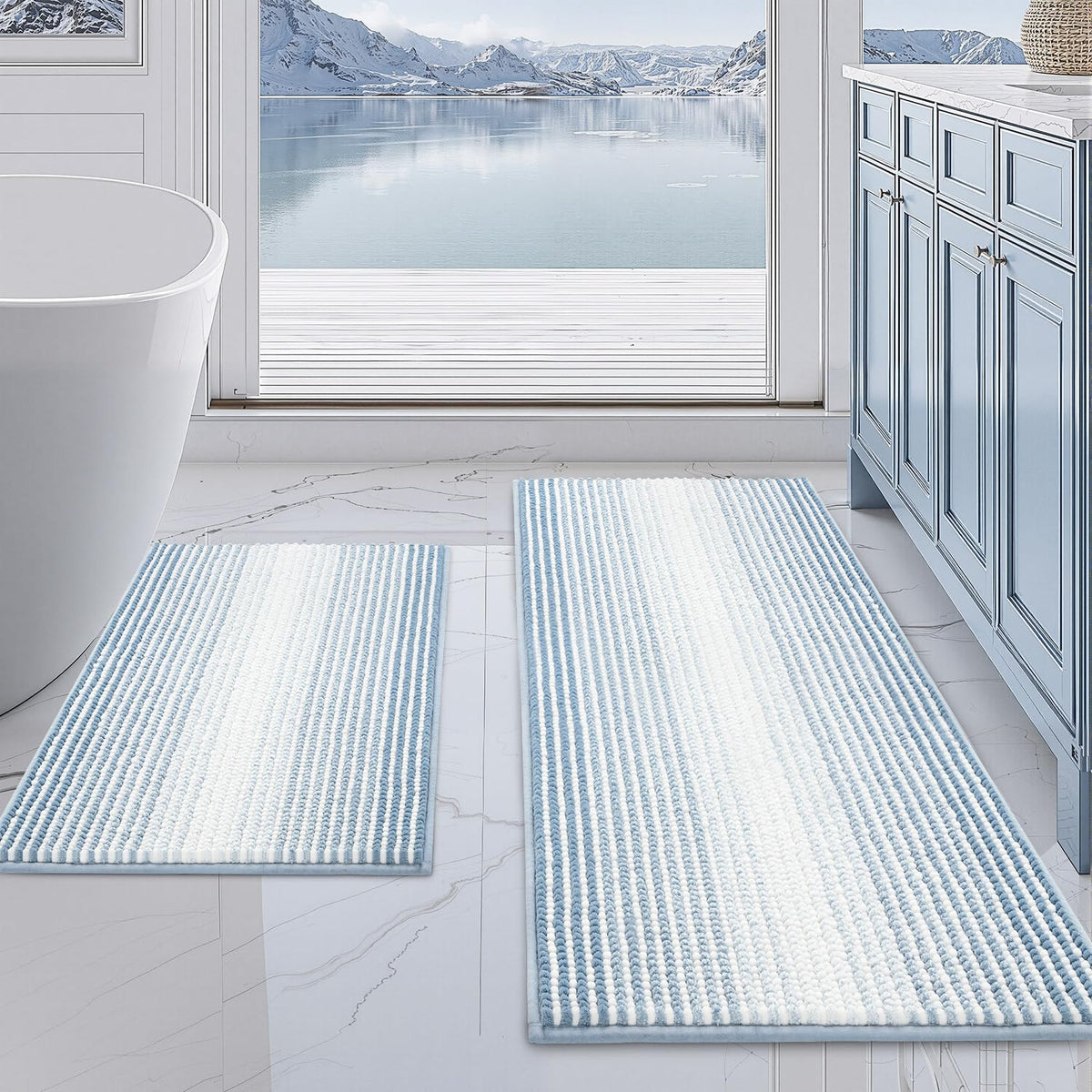 BSICPRO Bathroom Rugs Sets 2 Piece, Non Slip Striped Bath Mats, Aqua Green