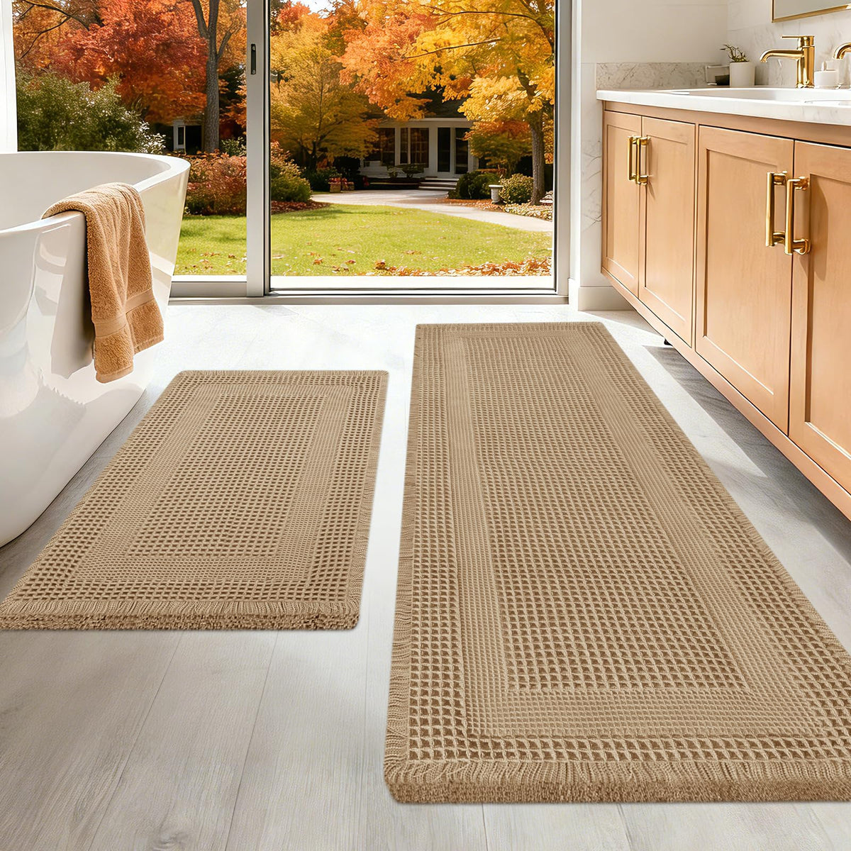 Upgraded Waffle Bath Mat Set 3 Piece Black-Looped, Super Absorbent Non-Slip Quick Dry Bathroom Rugs with Tassels, Machine Washable Ultra Soft Boho Bath Rugs for Floor, Toilet Mats Boho Farmhouse Decor
