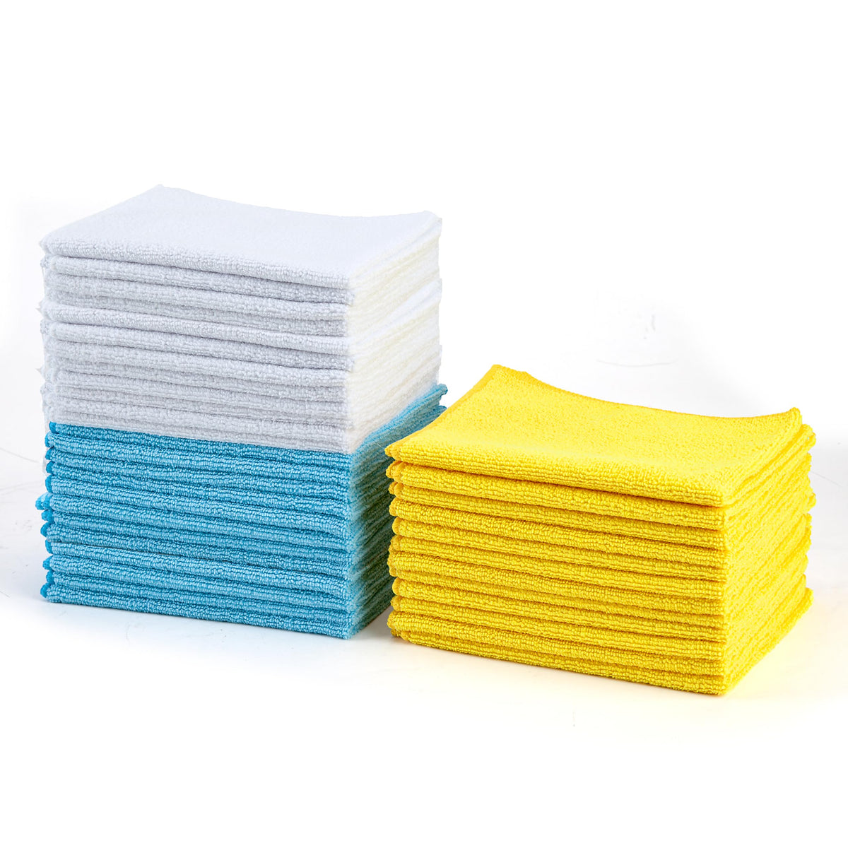 Amazon Basics Microfiber Cleaning Cloths for Cars, Non-Abrasive, Highly Absorbent, Lint and Scratch-Free, Reusable and Washable, Car Detailing Towels, 16" x 12", Blue/White/Yellow, 144-Pack