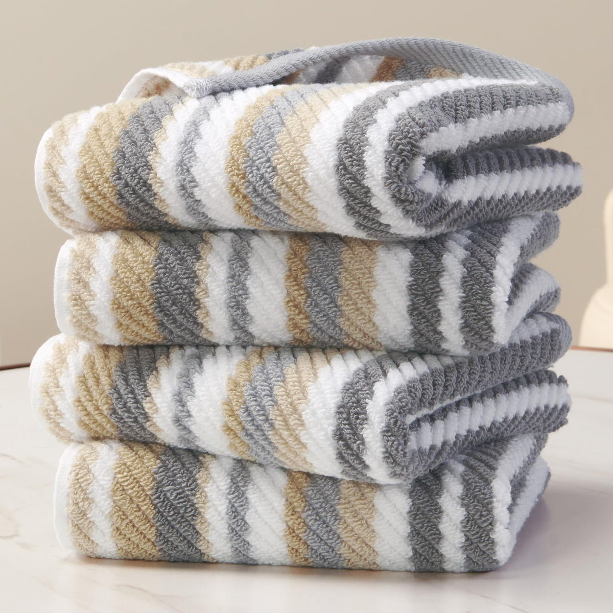 VOOVA & MOVAS Yellow Bathroom Towels 3 Pack, 100% Cotton, Gray Striped