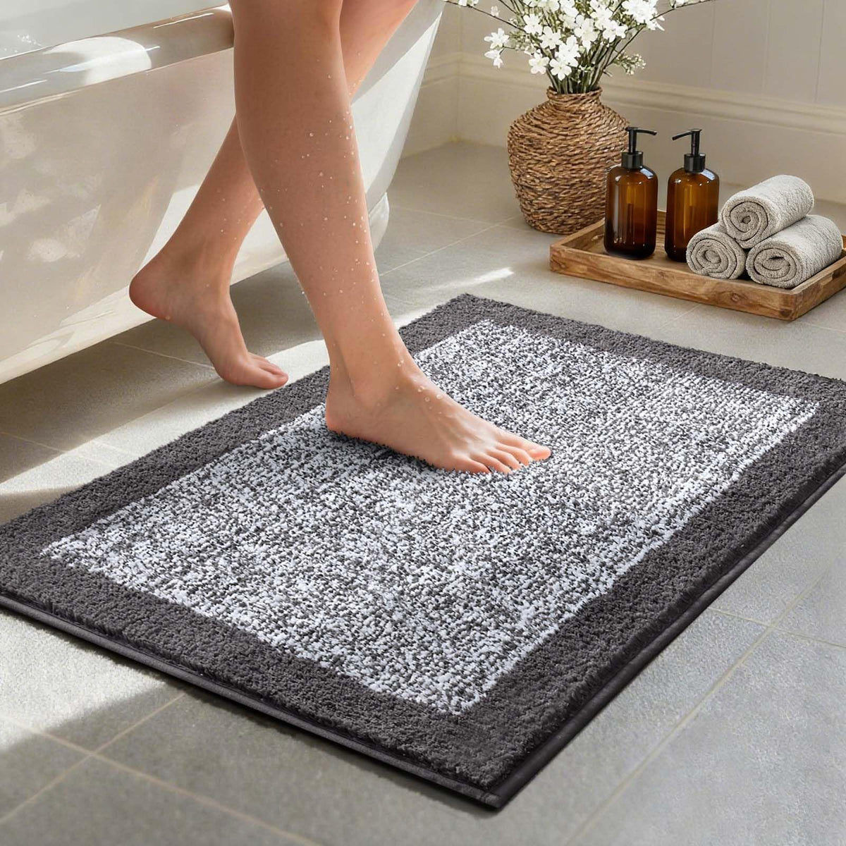 Long 2x4 Ft (48''x24'') Bathroom Rugs, Non Slip Washable Bath Mat Grey