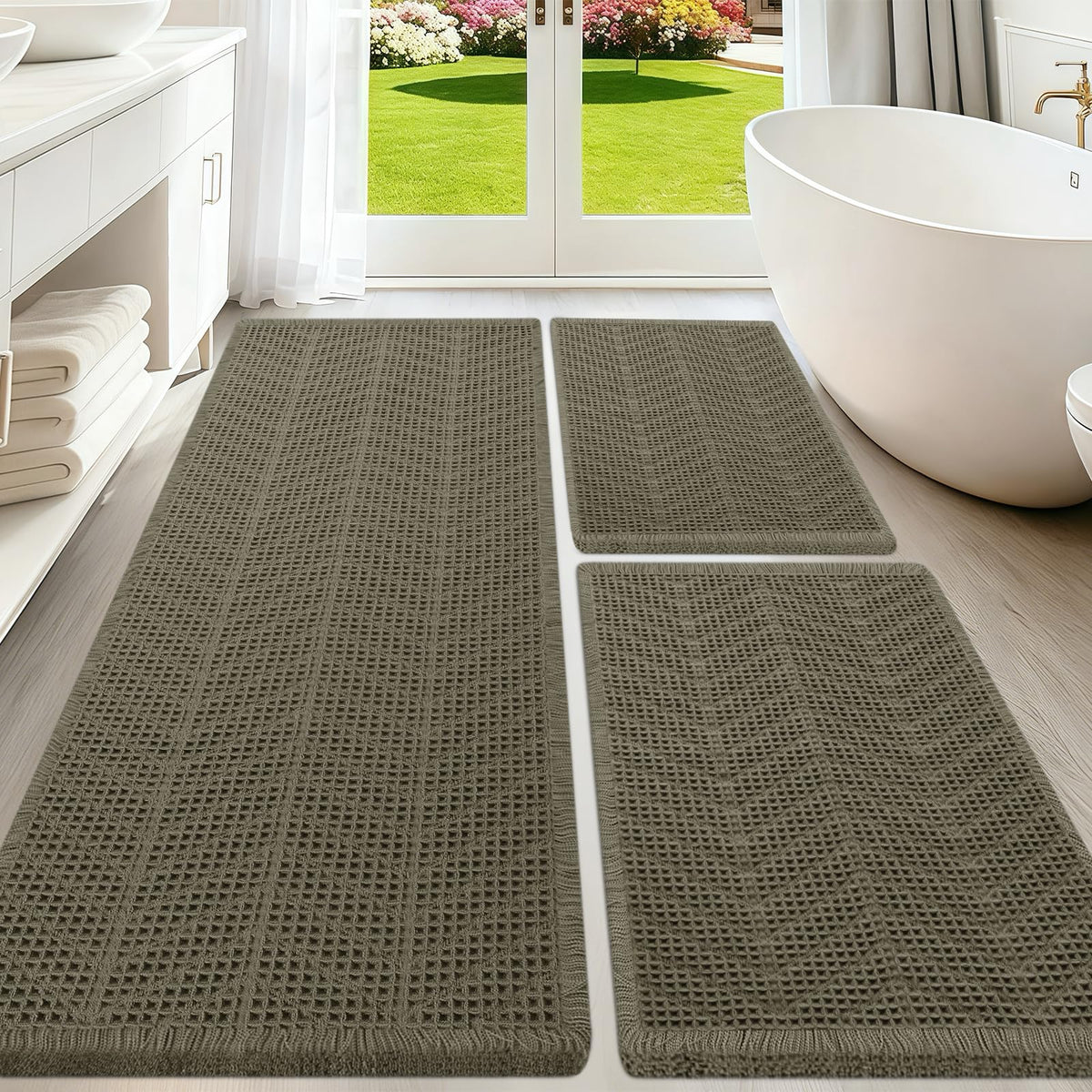 Upgraded Waffle Bath Mat Set 3 Piece Black-Looped, Super Absorbent Non-Slip Quick Dry Bathroom Rugs with Tassels, Machine Washable Ultra Soft Boho Bath Rugs for Floor, Toilet Mats Boho Farmhouse Decor