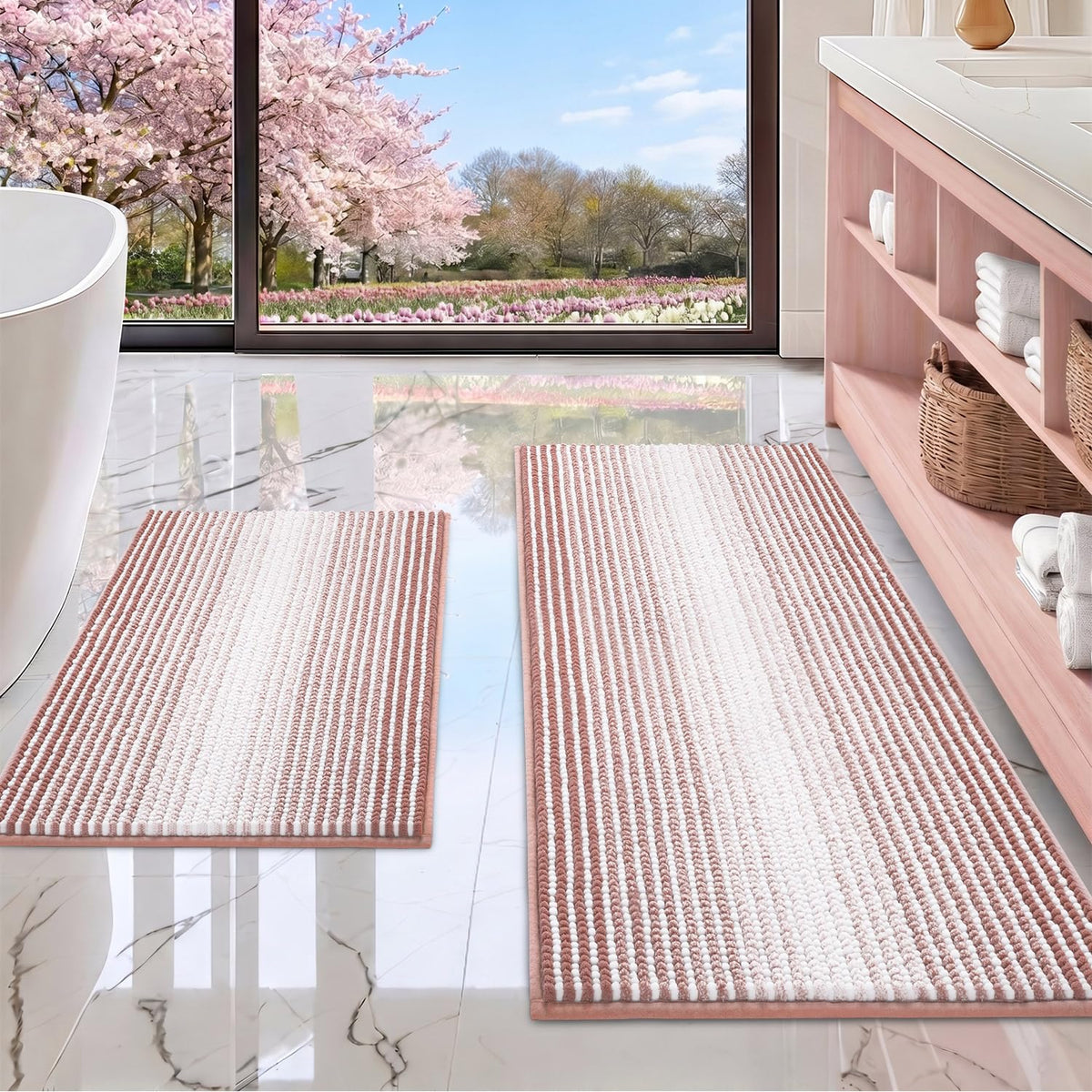 BSICPRO Bathroom Rugs Sets 2 Piece, Non Slip Boho Bath Mats, Beige