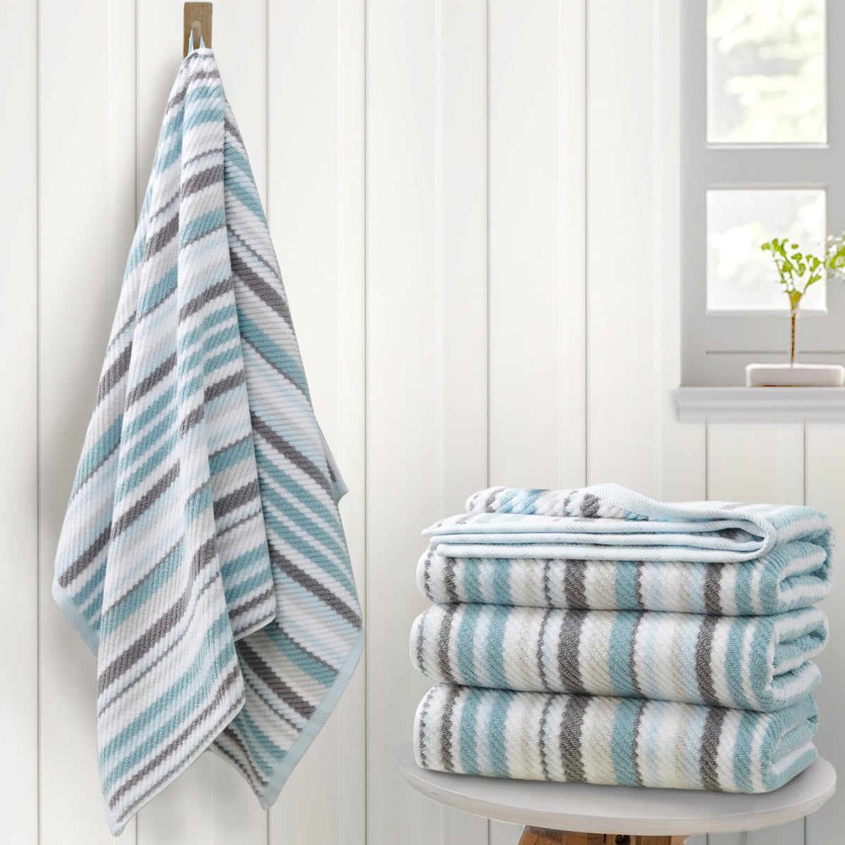 VOOVA & MOVAS Yellow Bathroom Towels 3 Pack, 100% Cotton, Gray Striped