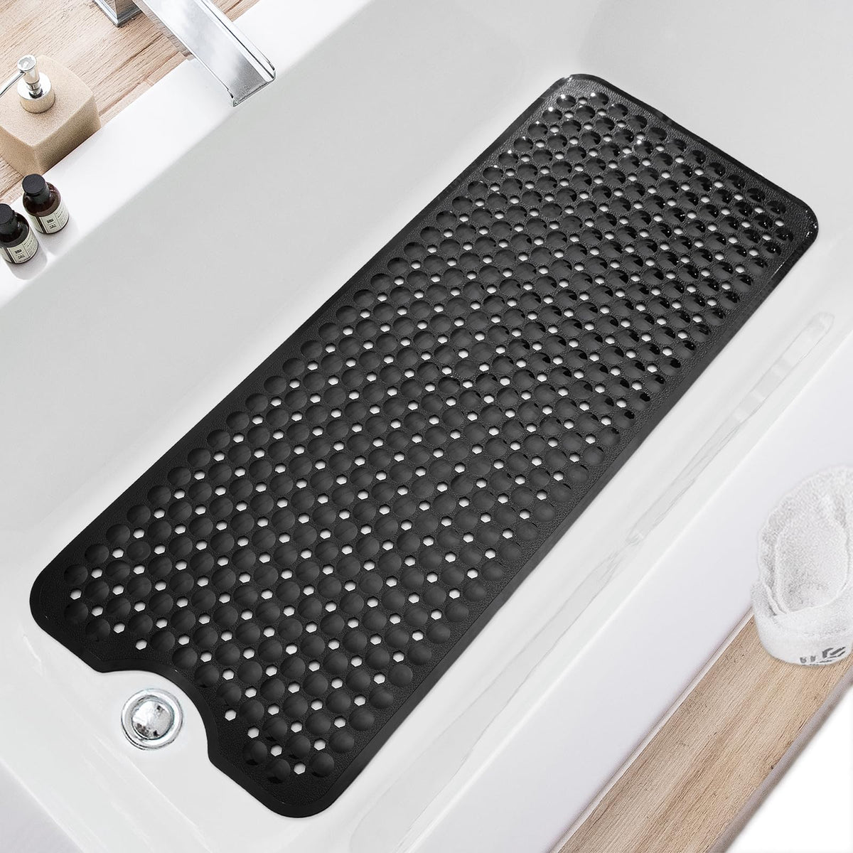 TEESHLY Bath Tub and Shower Mats, Non Slip 40 x 16 Inch Extra Large Bathtub Mat, Machine Washable Bathmat with Drain Holes, Suction Cups for Bathroom Floor, Gray