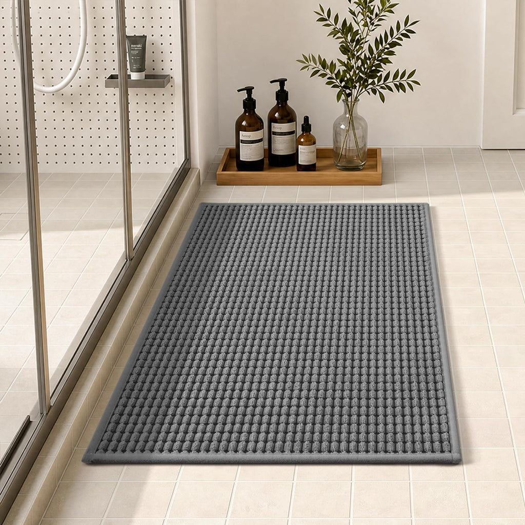tchdio Bath Mat, Absorbent Bathroom Mat Quick Dry, Thin Bathroom Rugs Fit Under Door, Non Slip Washable Bath Rugs with Solid Rubber Backing, Low Profile Bath Mats for Bathroom, Grey, 16" x 24"
