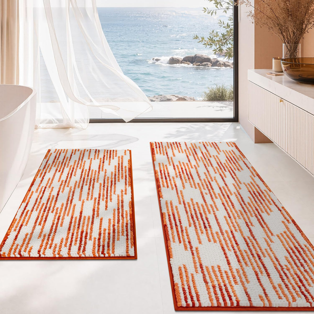 BSICPRO Bathroom Rugs Sets 2 Piece, Non Slip Striped Bath Mats, Aqua Green