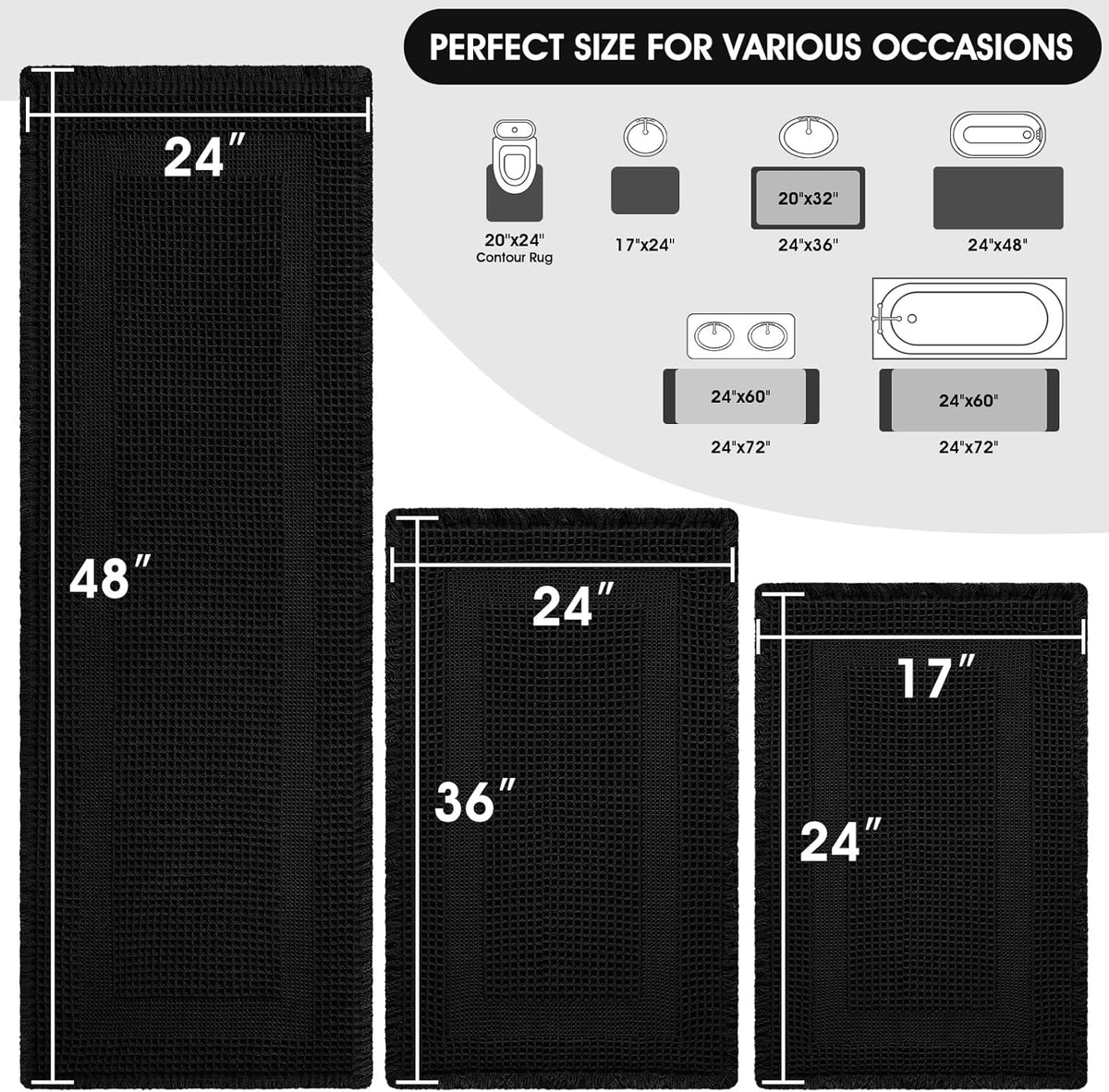Upgraded Waffle Bath Mat Set 3 Piece Black-Looped, Super Absorbent Non-Slip Quick Dry Bathroom Rugs with Tassels, Machine Washable Ultra Soft Boho Bath Rugs for Floor, Toilet Mats Boho Farmhouse Decor