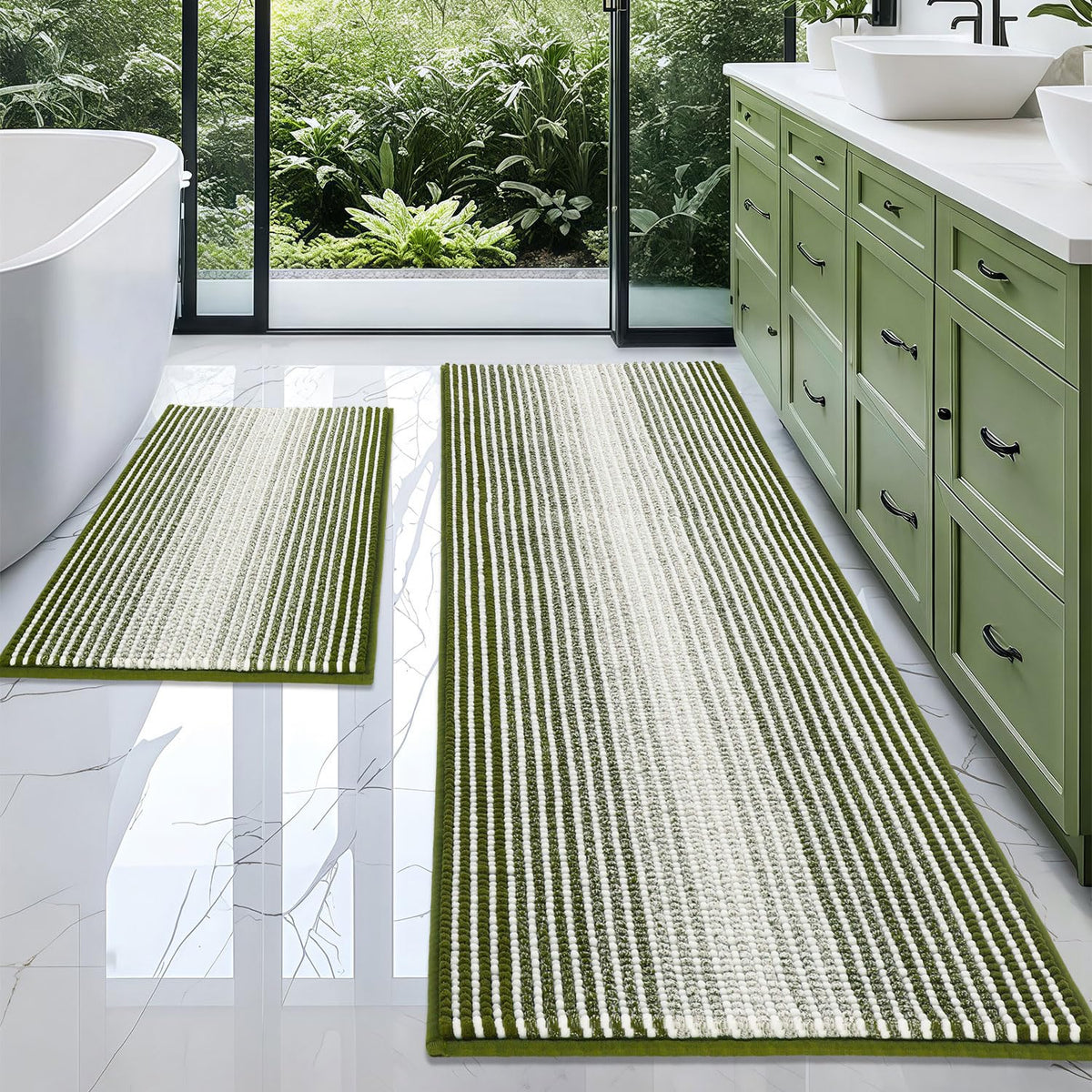 BSICPRO Bathroom Rugs Sets 2 Piece, Non Slip Striped Bath Mats, Aqua Green