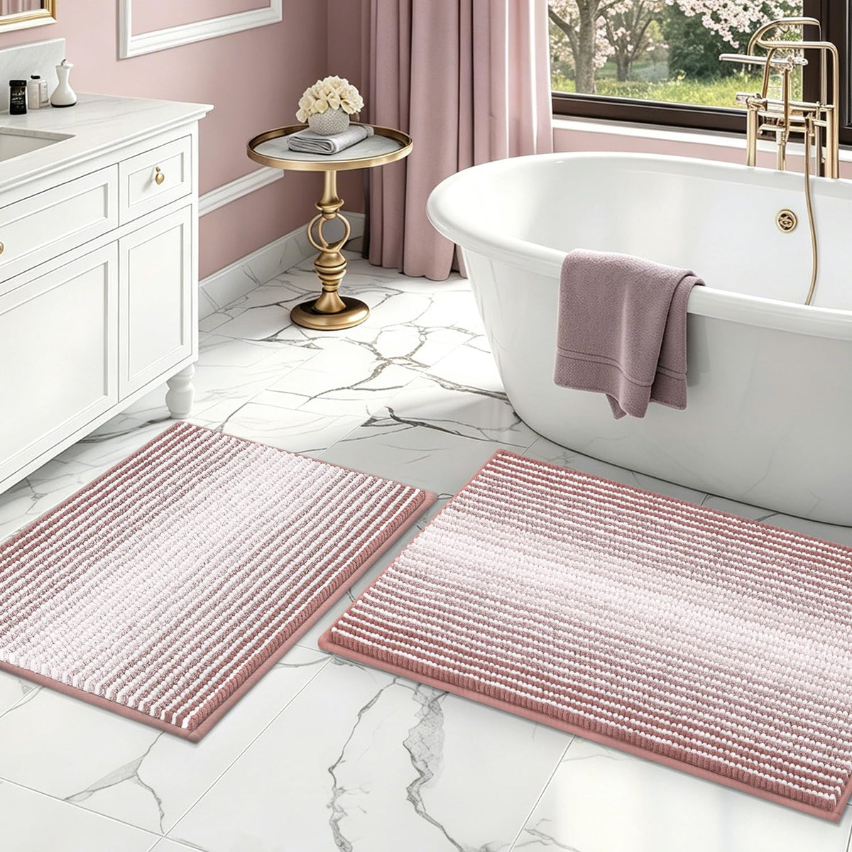 BSICPRO Bathroom Rugs Sets 2 Piece, Non Slip Striped Bath Mats, Aqua Green