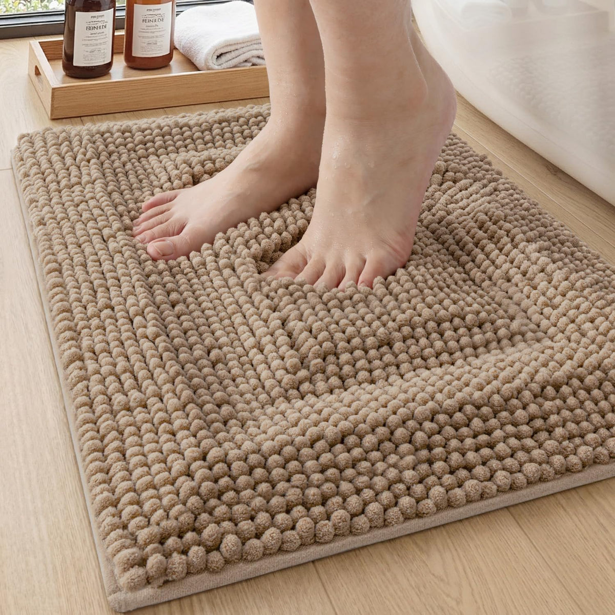 DEXI Bathroom Rugs 36x24, Non Slip Washable Chinelle Bath Mat, Taupe