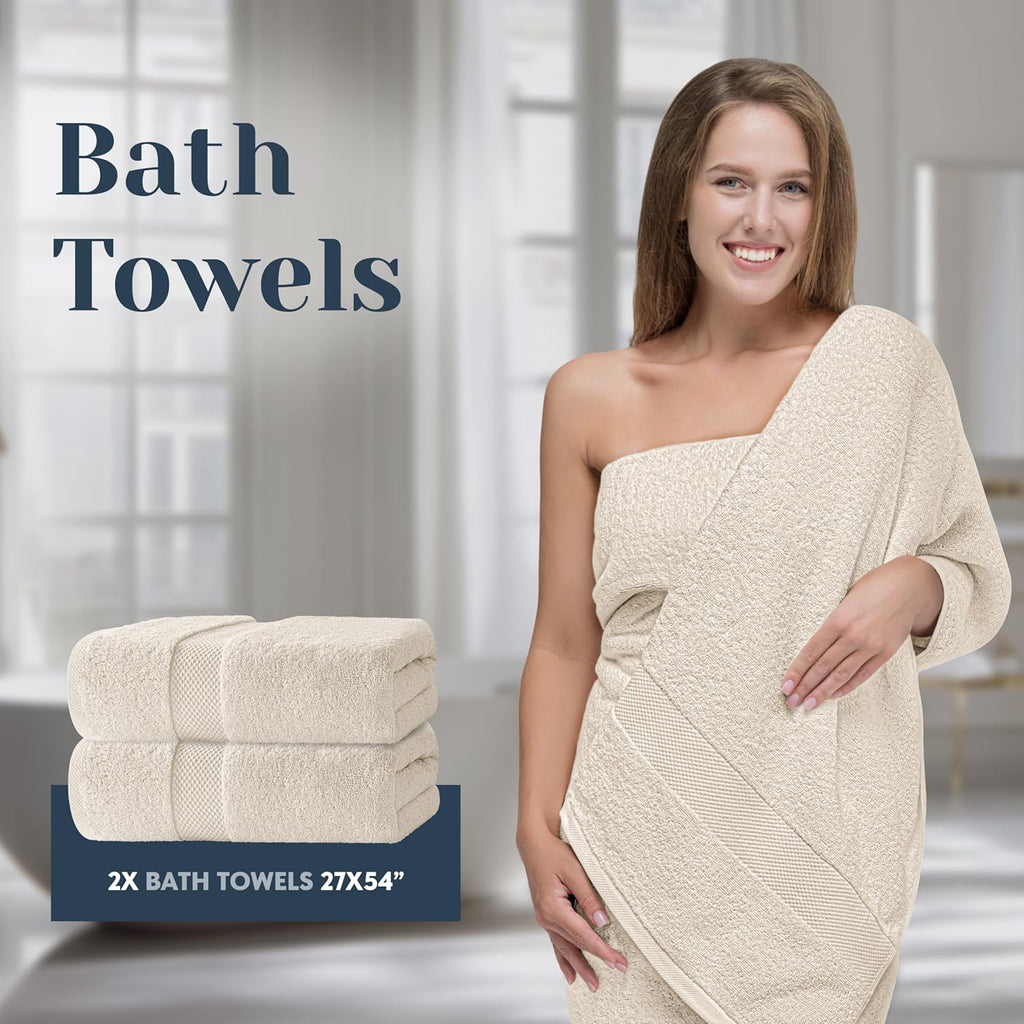 White Classic Luxury Bath Towel Set of 8 Pieces - 100% Turkish Cotton Highly Absorbent Towels for Bathroom, 2 Luxury Bath Towels 700GSM, 2 Hand Towels, 4 Washcloths, Ivory
