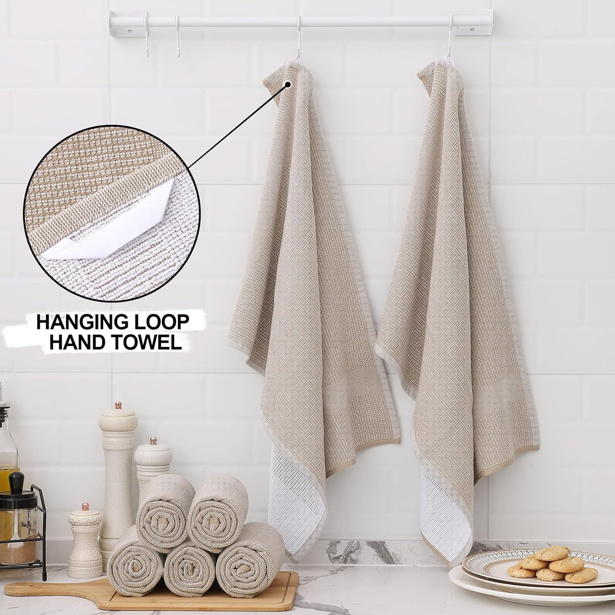 Homaxy 380 GSM Cotton Premium Kitchen Towels 6 Pack, 18"x 28", Khaki