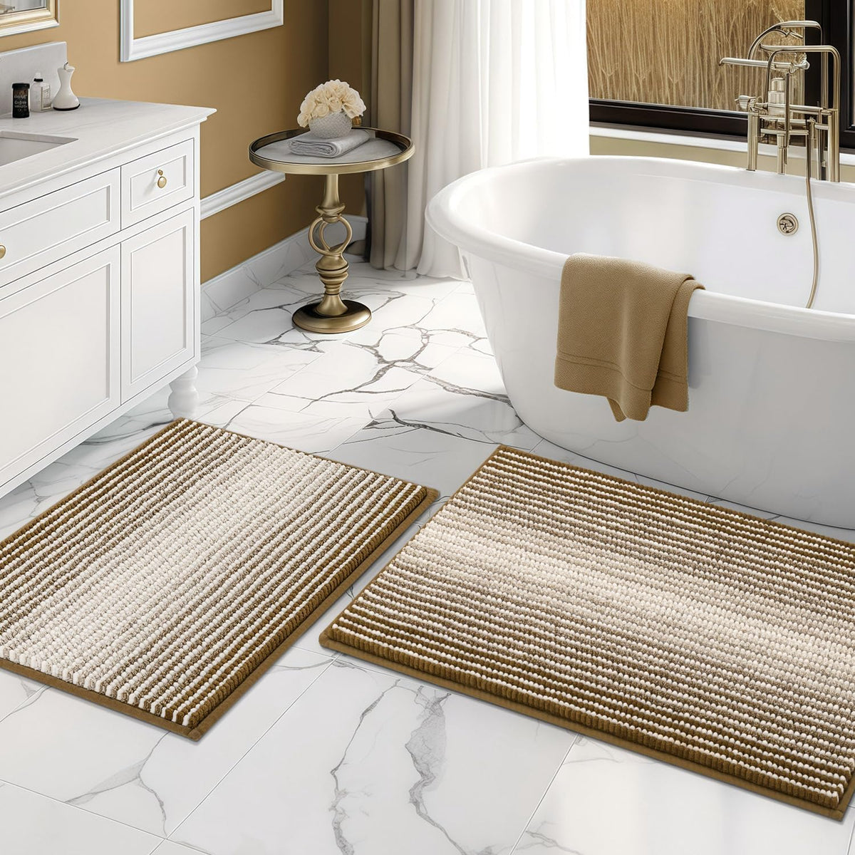BSICPRO Bathroom Rugs Sets 2 Piece, Non Slip Boho Bath Mats, Beige