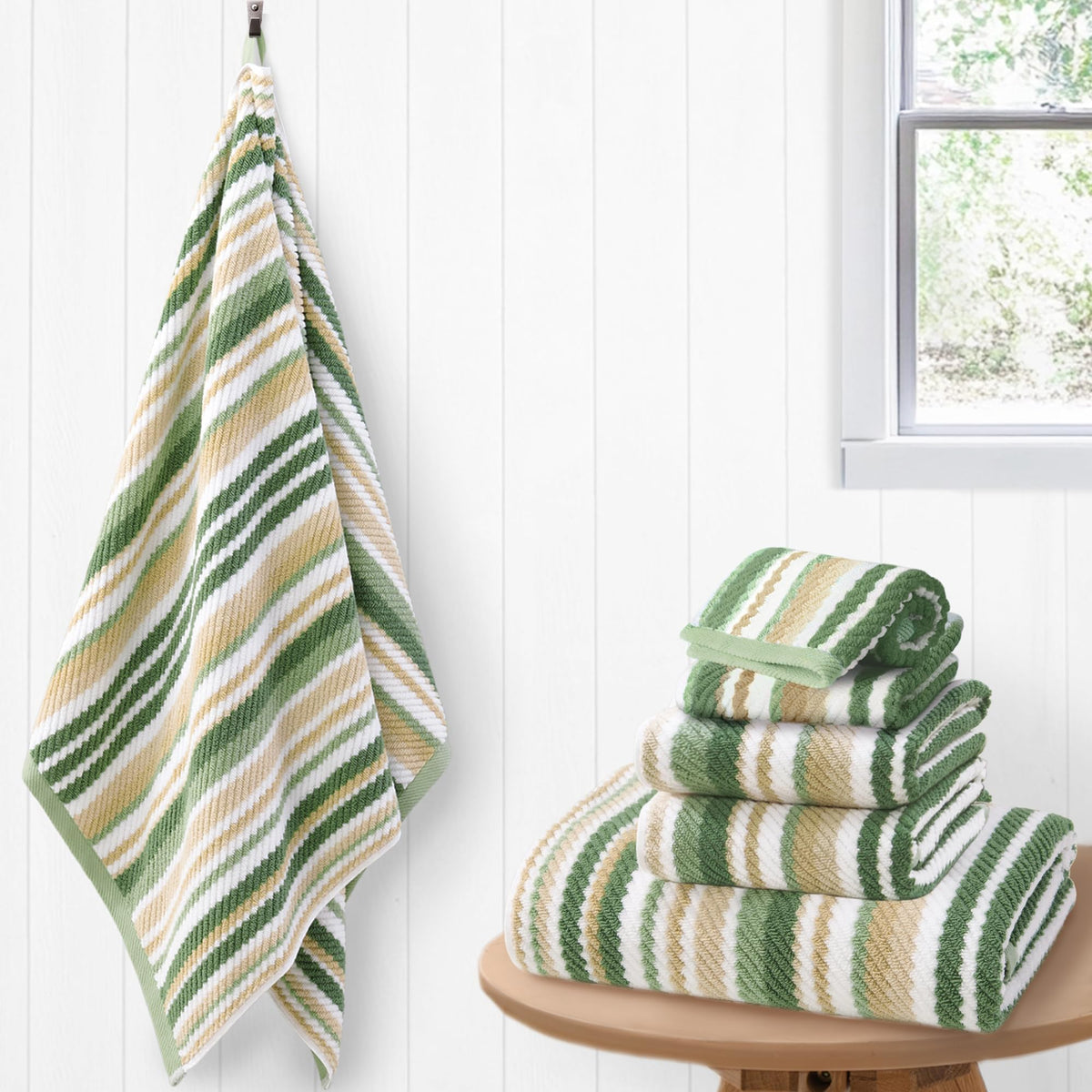 VOOVA & MOVAS Yellow Bathroom Towels 3 Pack, 100% Cotton, Gray Striped