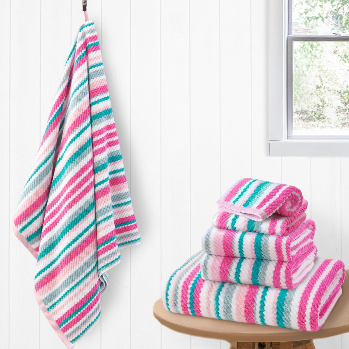 VOOVA & MOVAS Yellow Bathroom Towels 3 Pack, 100% Cotton, Gray Striped