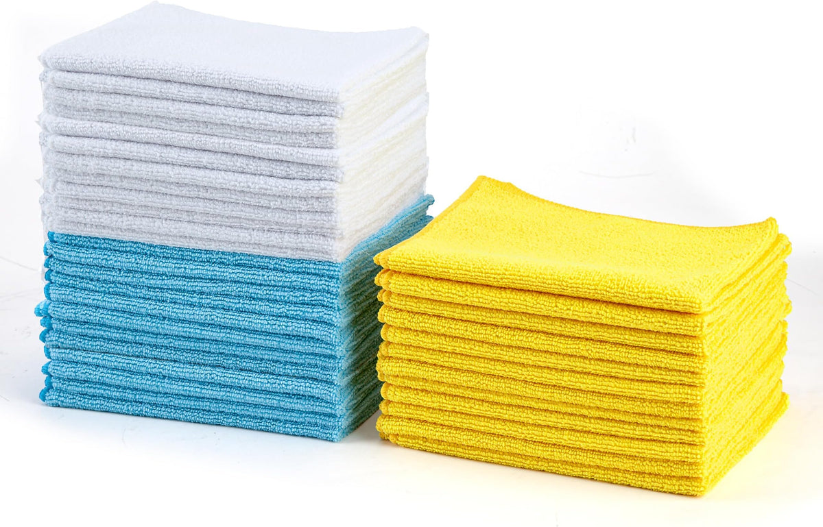 Amazon Basics Microfiber Cleaning Cloths for Cars, Non-Abrasive, Highly Absorbent, Lint and Scratch-Free, Reusable and Washable, Car Detailing Towels, 16" x 12", Blue/White/Yellow, 144-Pack