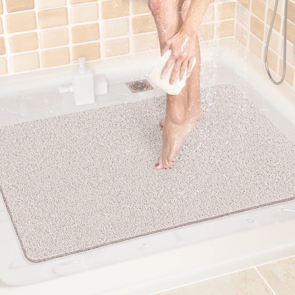 LuxStep Shower Mat Bathtub Mat,24x16 inch, Non-Slip Bath Mat with Drain, Quick Drying PVC Loofah Bathmat for Tub,Shower,Bathroom (Phthalate Free,Grey)
