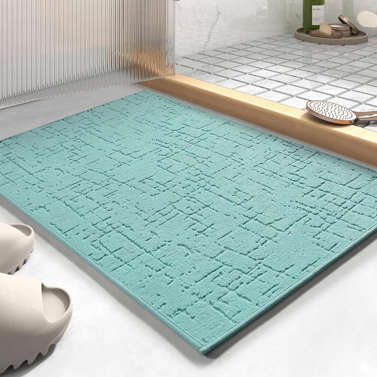 AMOAMI-Bath Mat-Absorbent Quick Dry Bathroom Floor Mats-Washable Rubber Backing Bath Mats for Bathroom Rugs Fit Under Door-Bath Rug for in Front of Sink Bathtub Shower Room, Grey 17''x24''