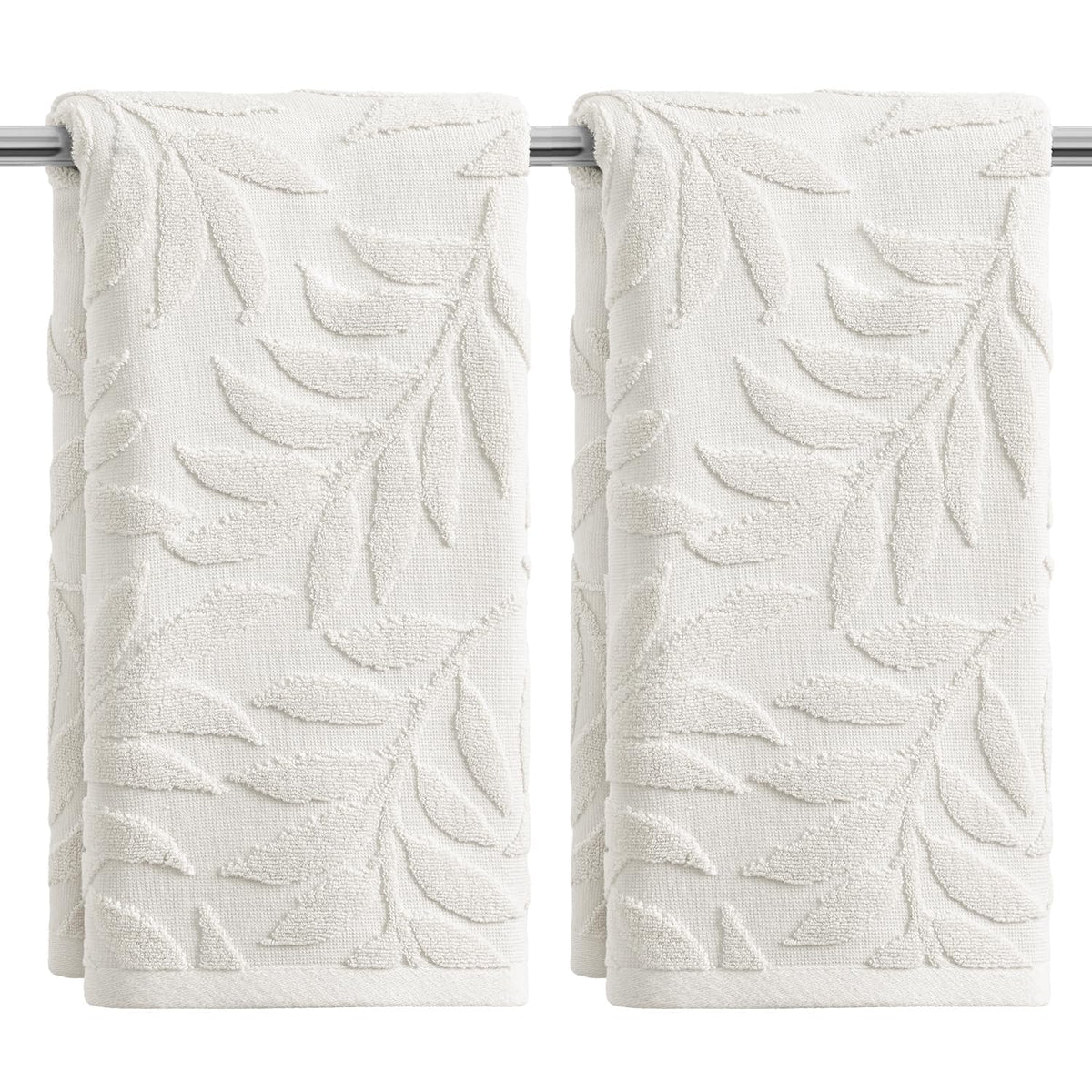 Artoid Mode 2 Pcs Beige 3D Leaves Jacquard Hand Towels for Bathroom, 100% Cotton Soft Absorbent Bathroom Decor Towels, 13.7 x 29.5 Inch